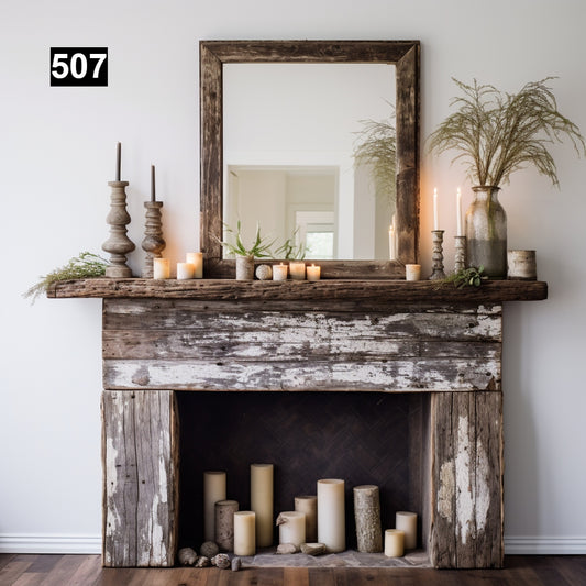 Custom reclaimed wood beam fireplace mantel