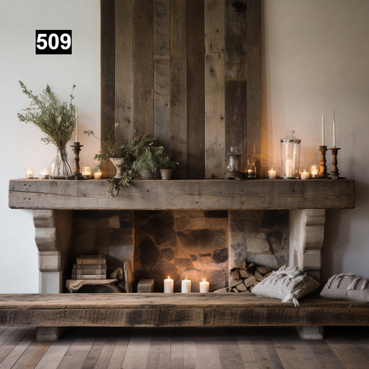 Custom reclaimed wood beam fireplace mantel