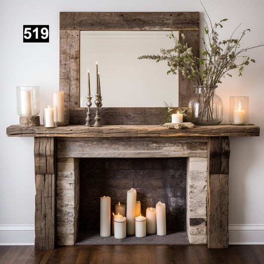 Custom reclaimed wood beam fireplace mantel