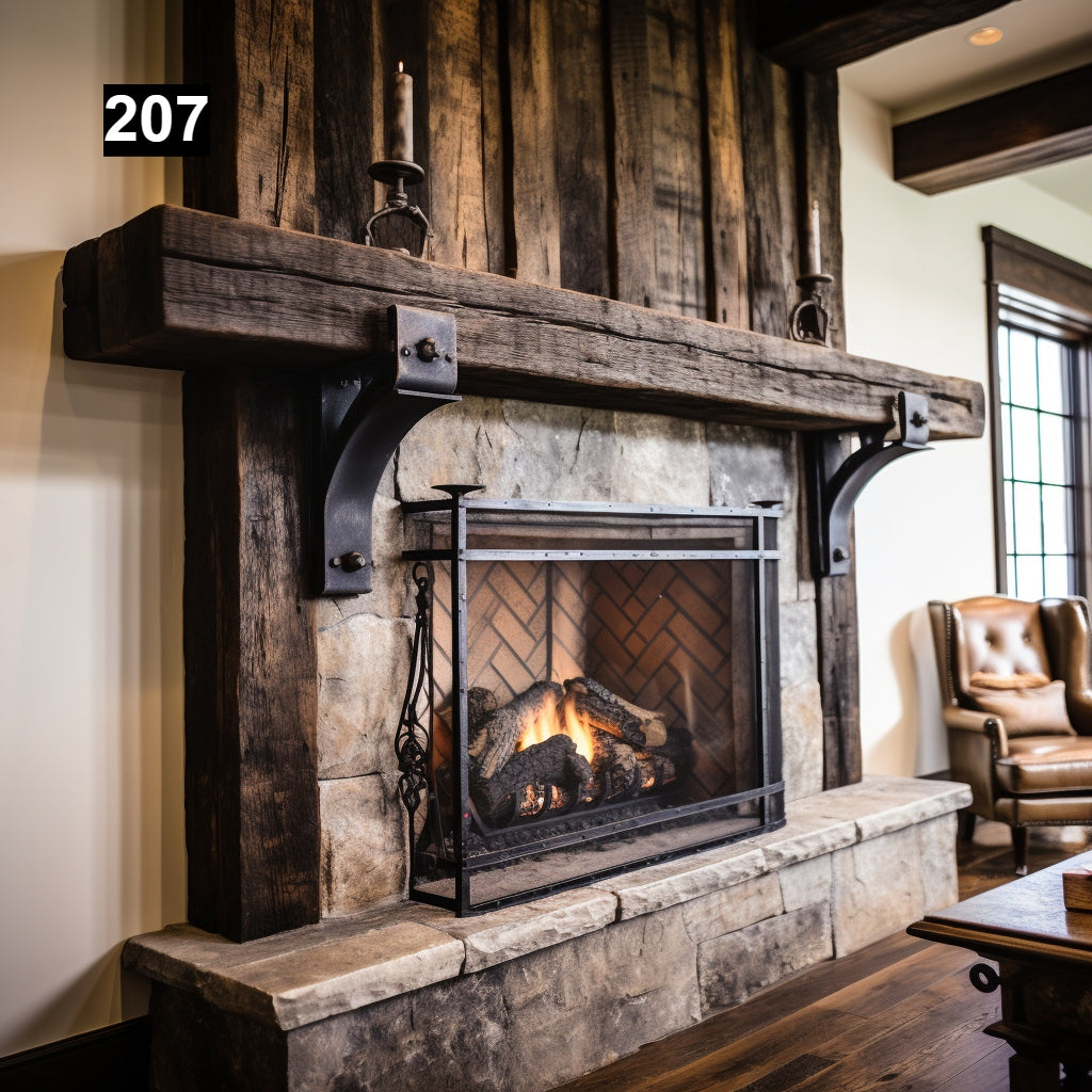 Custom reclaimed wood beam fireplace mantel iron corbels
