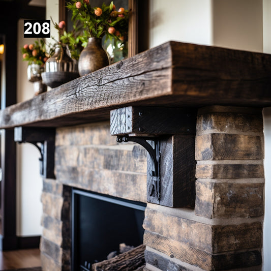 Custom reclaimed wood beam fireplace mantel iron corbels