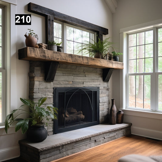 Custom reclaimed wood beam fireplace mantel iron corbels