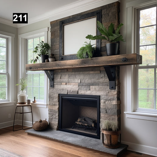 Custom reclaimed wood beam fireplace mantel iron corbels