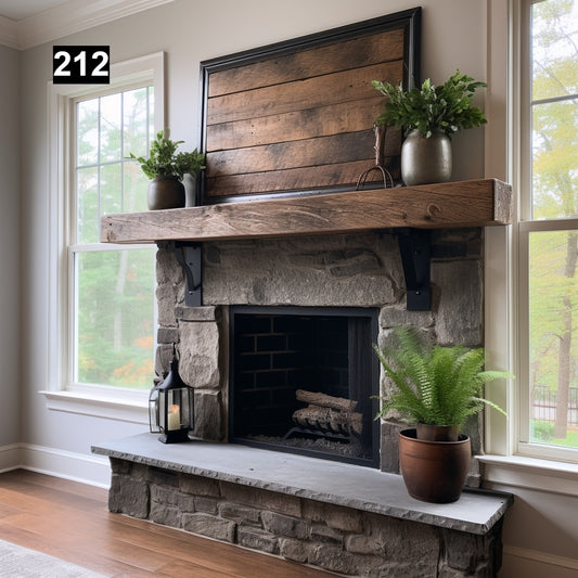 Custom reclaimed wood beam fireplace mantel iron corbels
