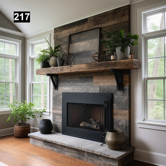 Custom reclaimed wood beam fireplace mantel iron corbels