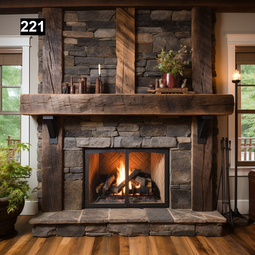 Custom reclaimed wood beam fireplace mantel iron corbels