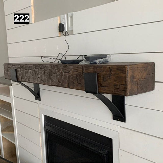 Custom reclaimed wood beam fireplace mantel iron corbels