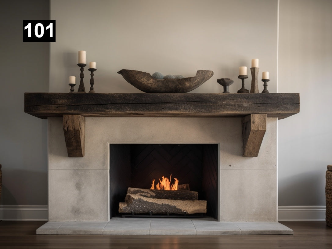Custom reclaimed wood beam fireplace mantel with corbels