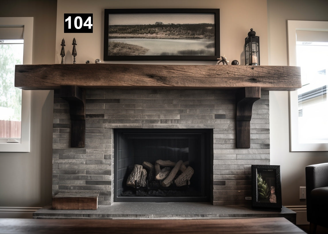 Custom reclaimed wood beam fireplace mantel with corbels