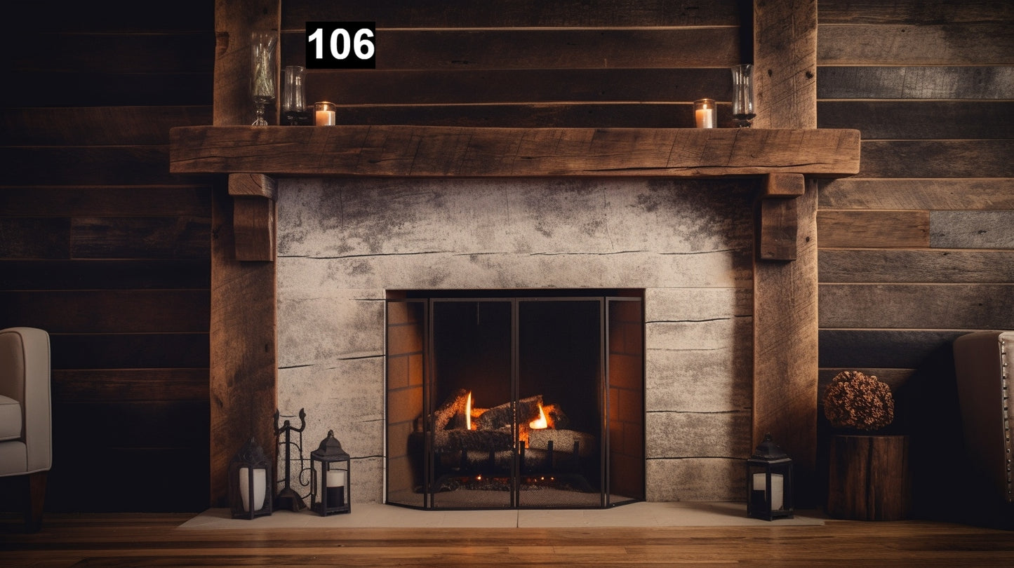 Custom reclaimed wood beam fireplace mantel with corbels