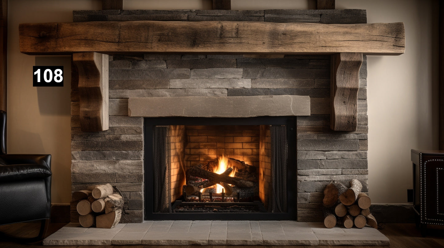 Custom reclaimed wood beam fireplace mantel with corbels