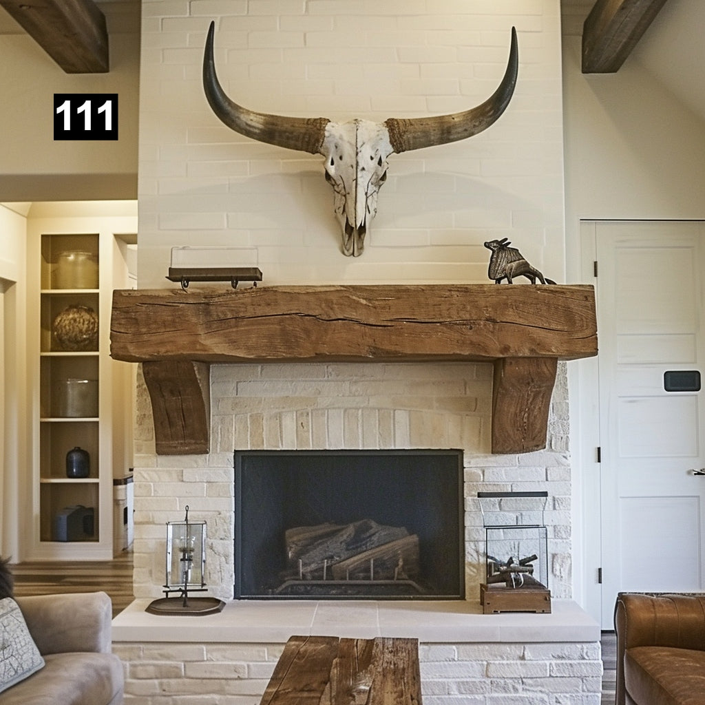 Custom reclaimed wood beam fireplace mantel with corbels
