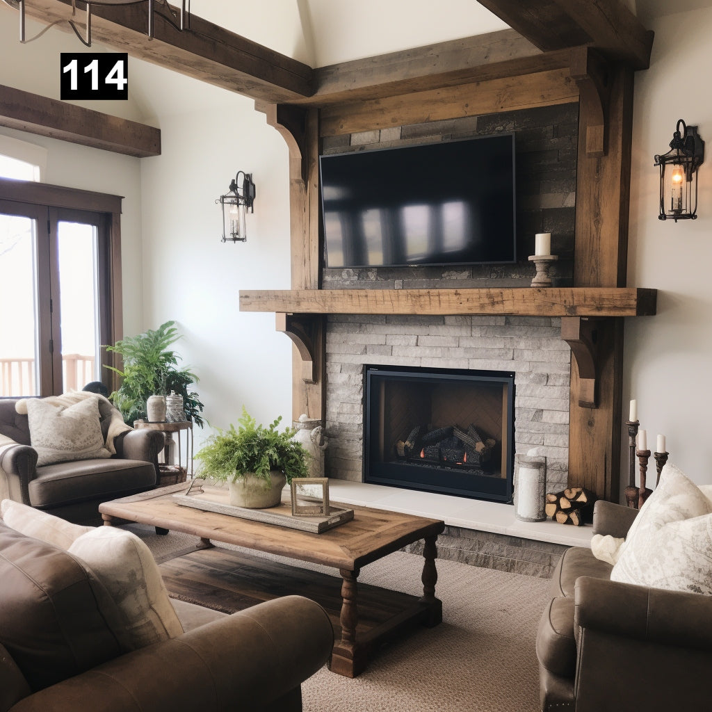 Custom reclaimed wood beam fireplace mantel with corbels