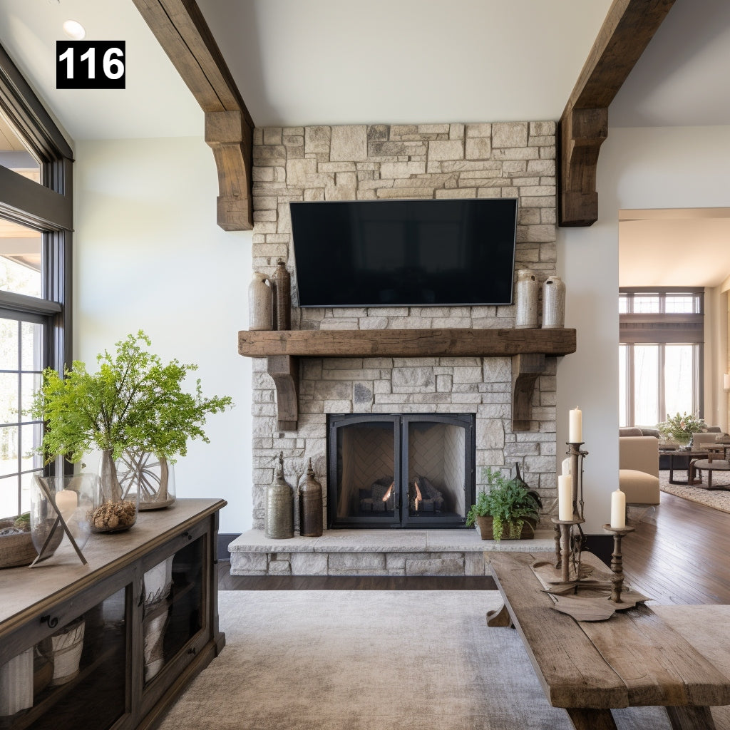 Custom reclaimed wood beam fireplace mantel with corbels