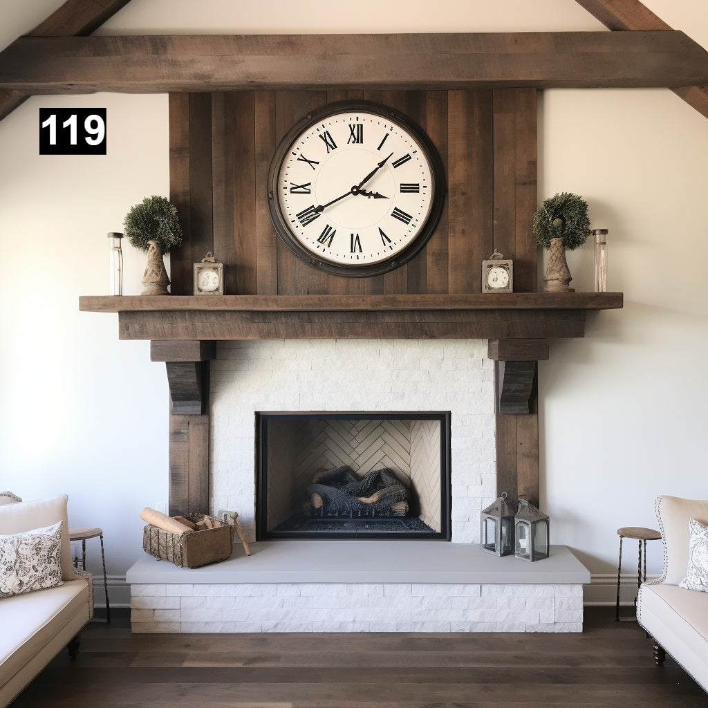 Custom reclaimed wood beam fireplace mantel with corbels