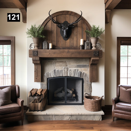 Custom reclaimed wood beam fireplace mantel with corbels