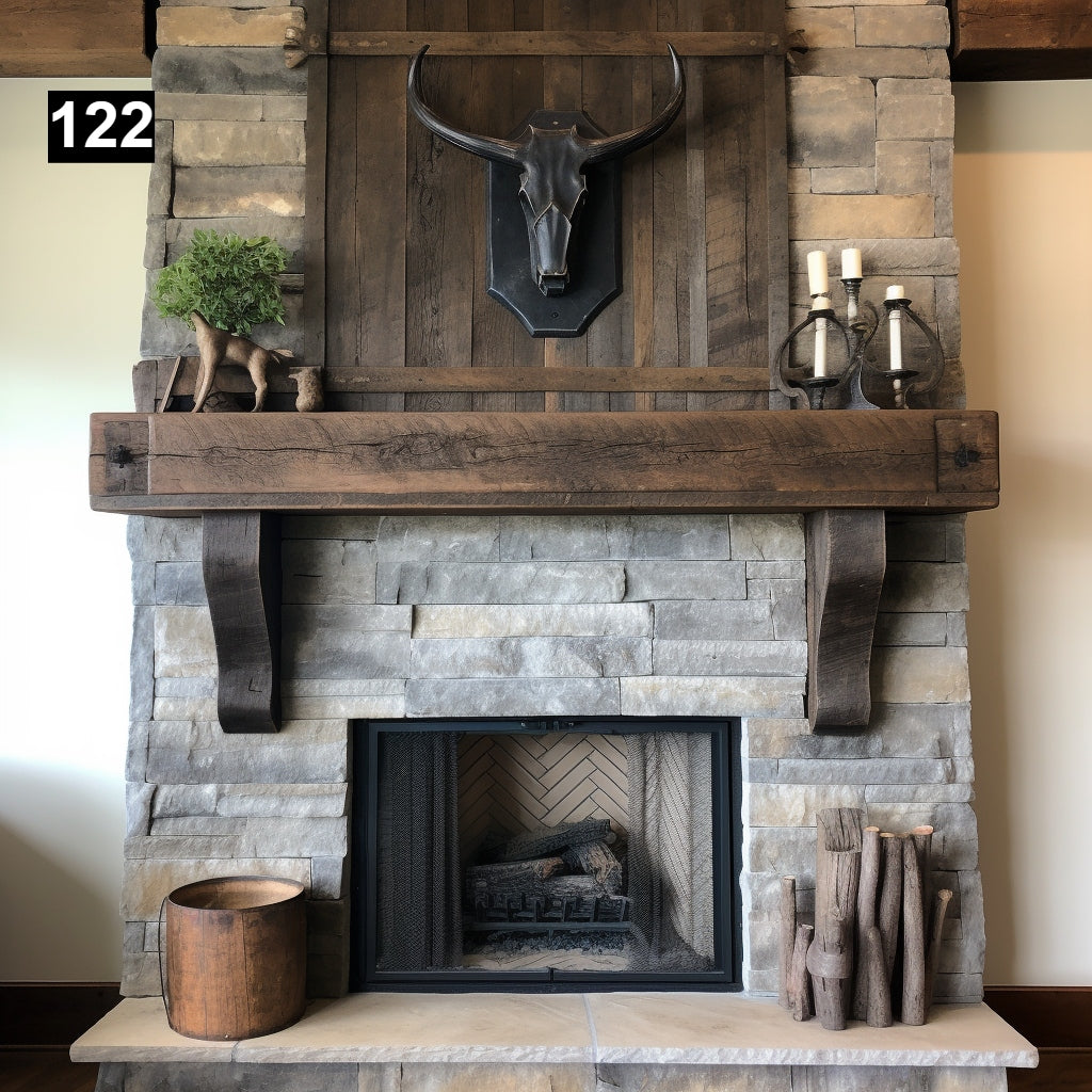 Custom reclaimed wood beam fireplace mantel with corbels