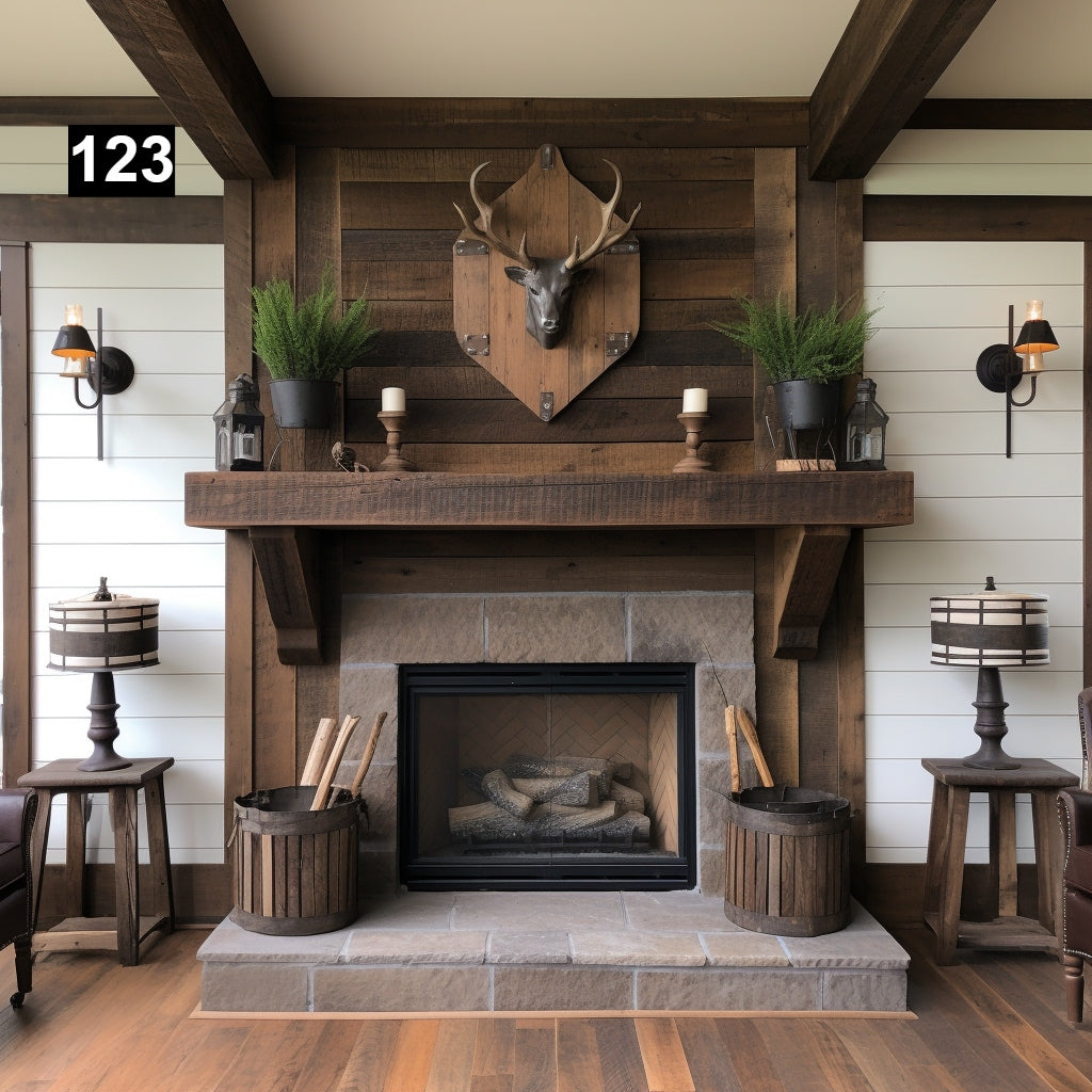 Custom reclaimed wood beam fireplace mantel with corbels