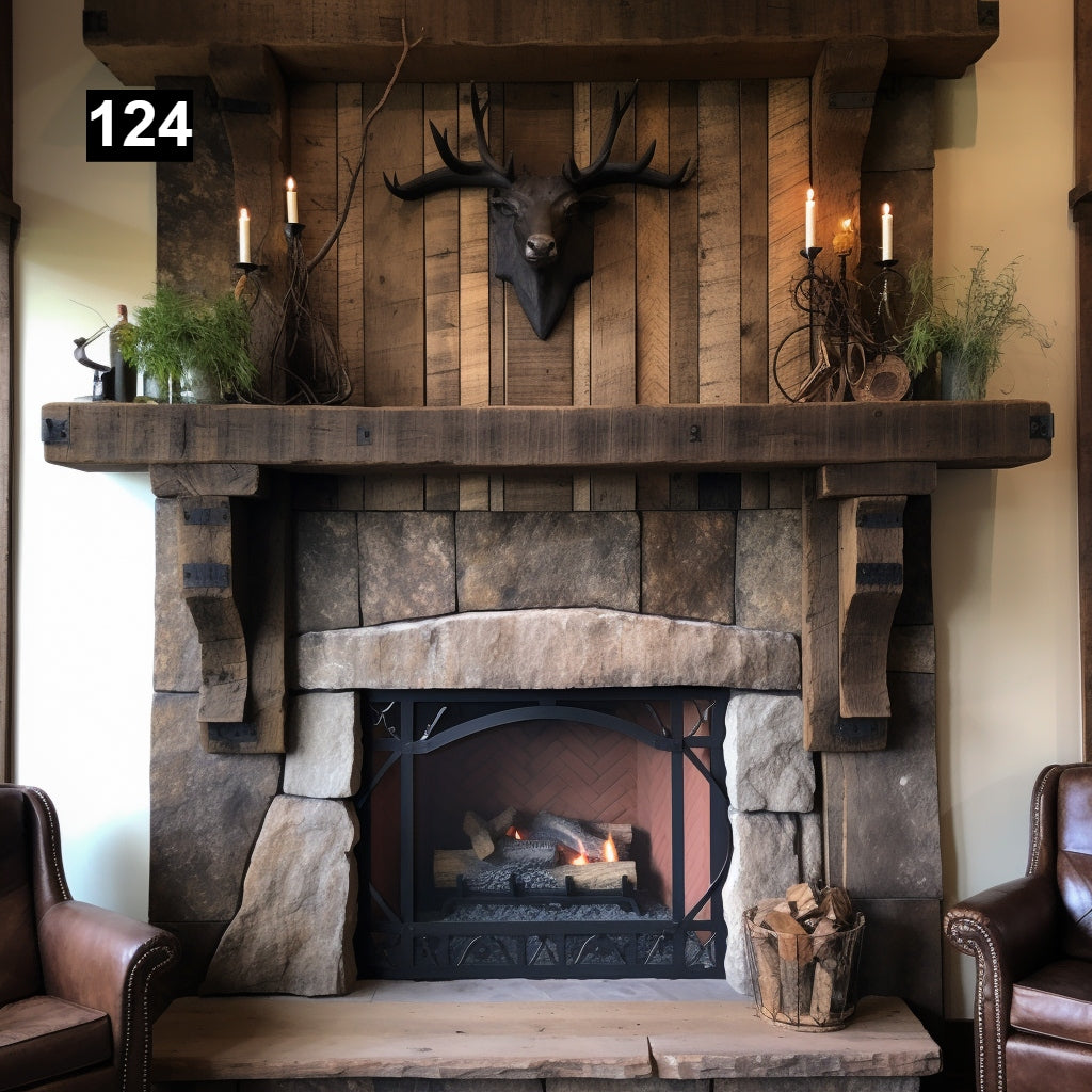 Custom reclaimed wood beam fireplace mantel with corbels