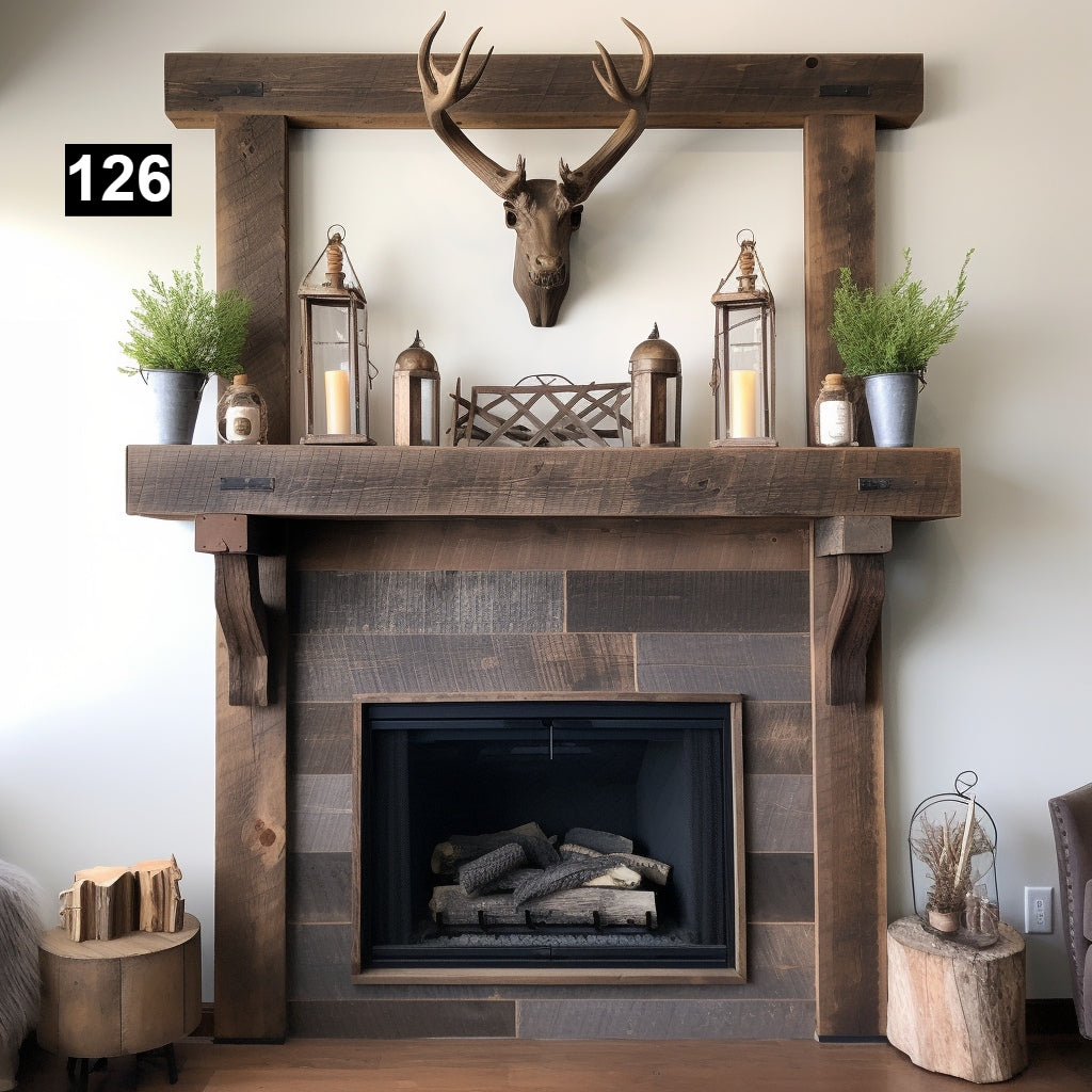 Custom reclaimed wood beam fireplace mantel with corbels