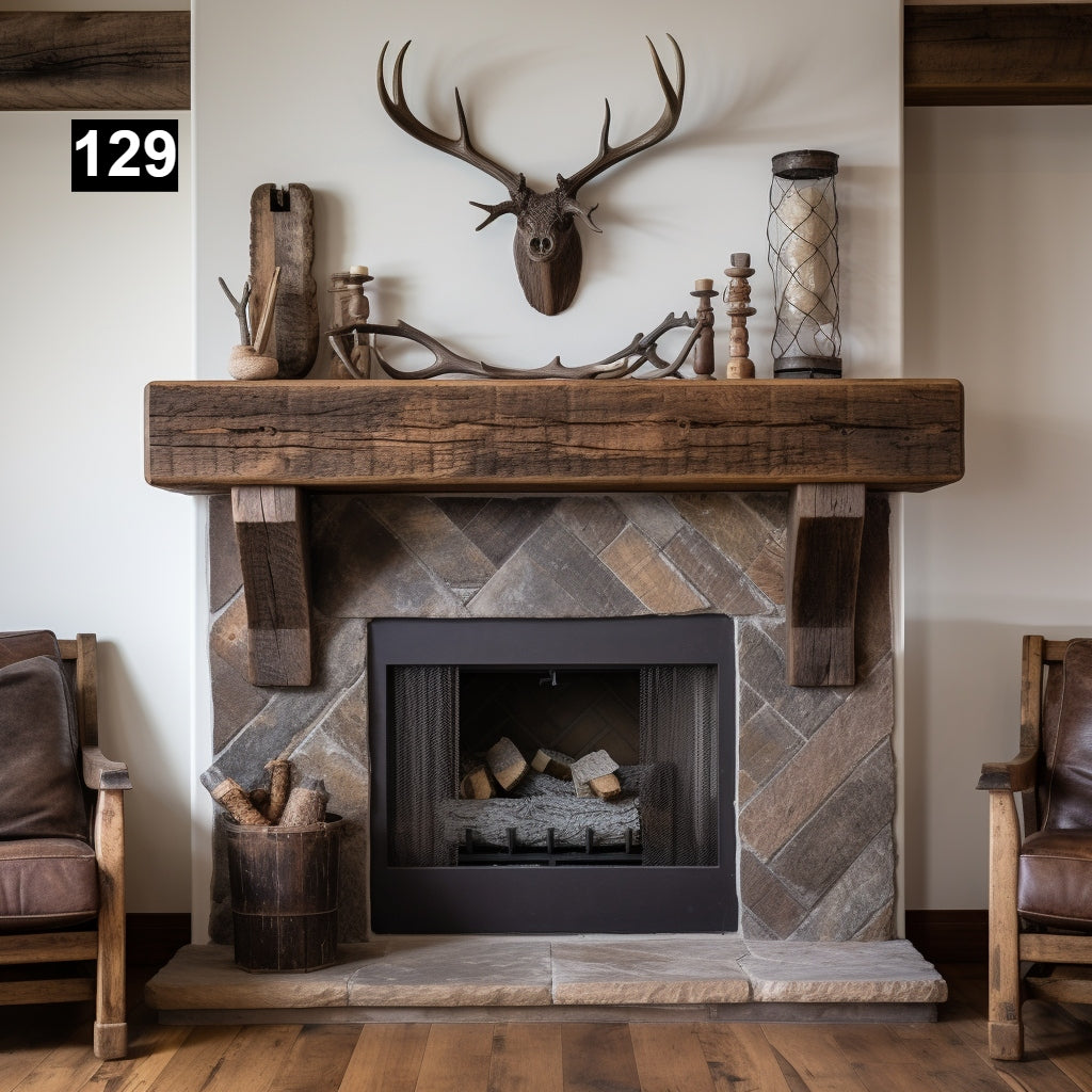 Custom reclaimed wood beam fireplace mantel with corbels