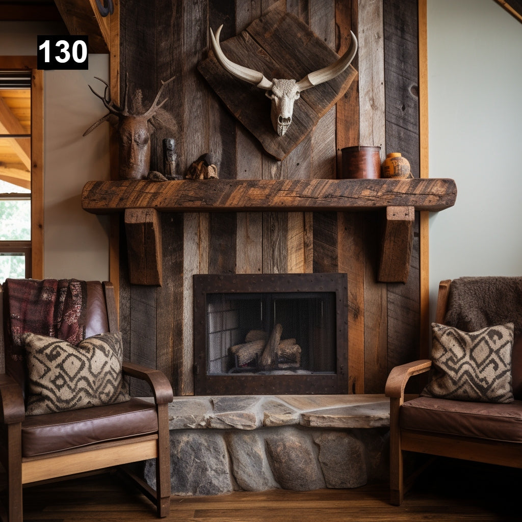 Custom reclaimed wood beam fireplace mantel with corbels