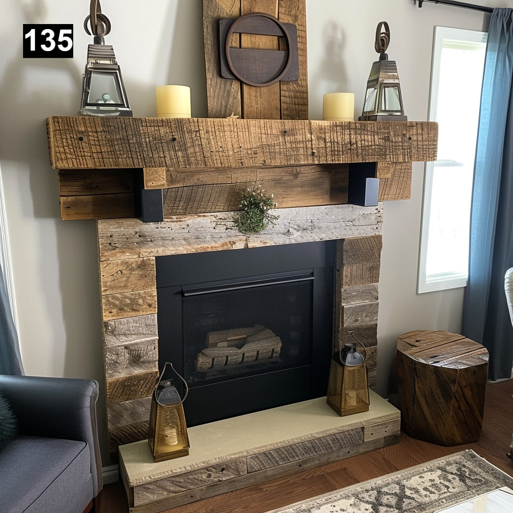 Custom reclaimed wood beam fireplace mantel with corbels