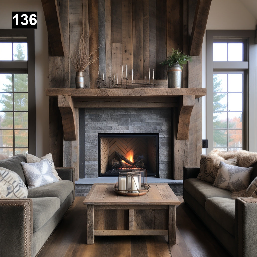 Custom reclaimed wood beam fireplace mantel with corbels