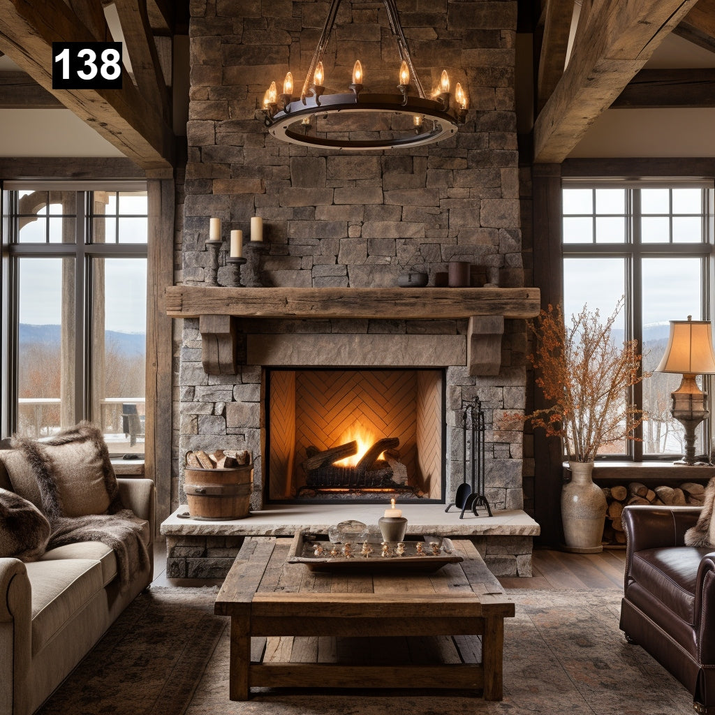 Custom reclaimed wood beam fireplace mantel with corbels