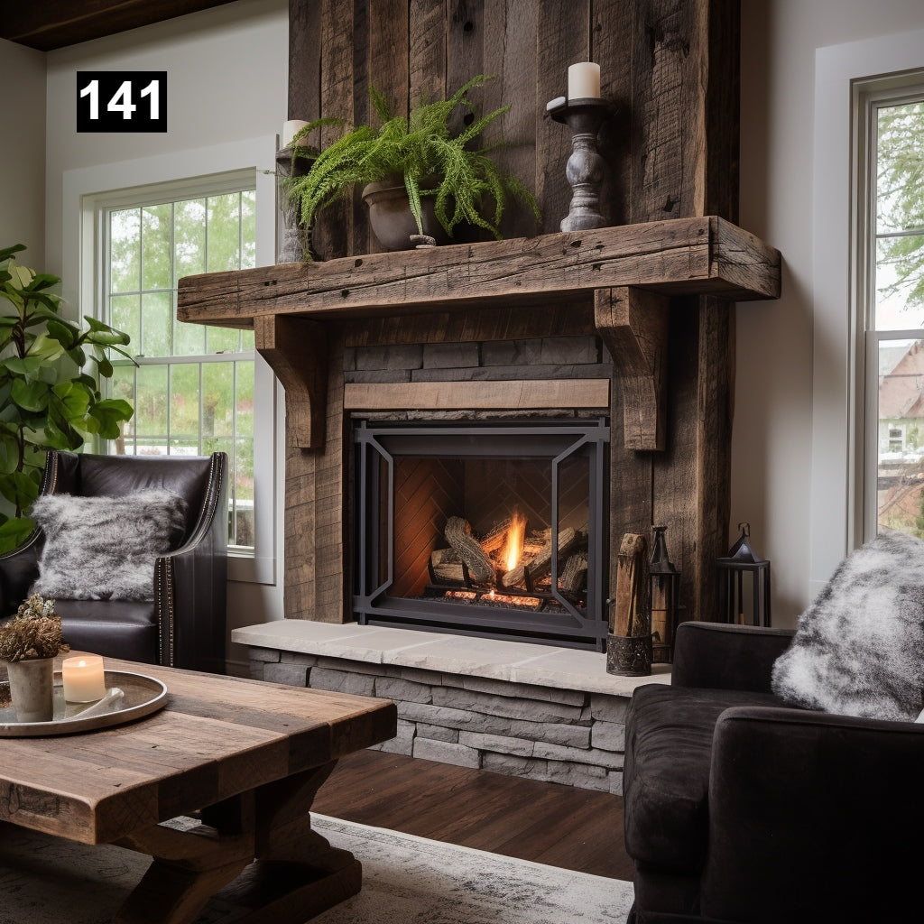Custom reclaimed wood beam fireplace mantel with corbels
