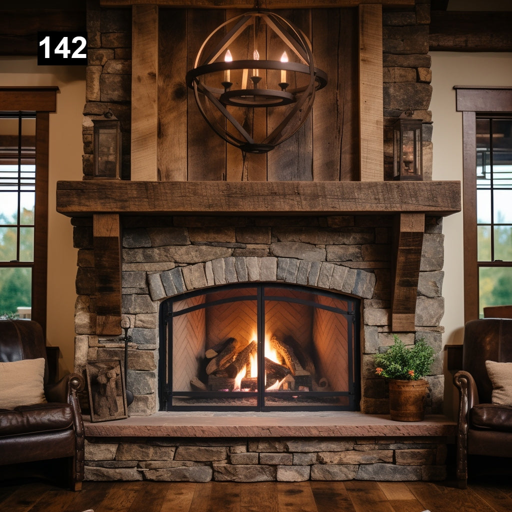 Custom reclaimed wood beam fireplace mantel with corbels