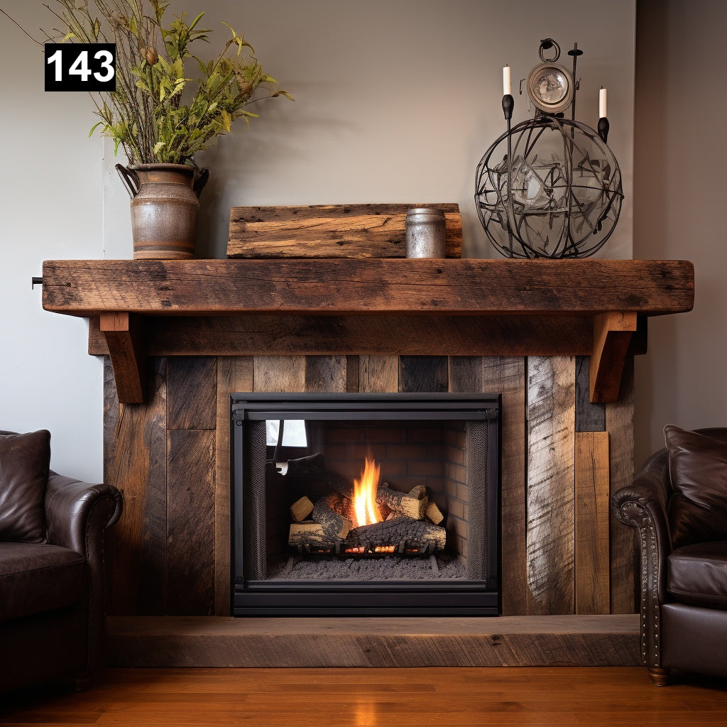 Custom reclaimed wood beam fireplace mantel with corbels