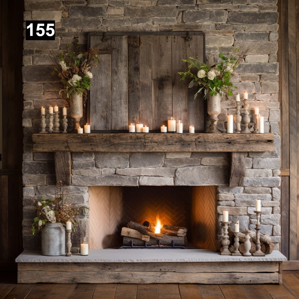 Custom reclaimed wood beam fireplace mantel with corbels