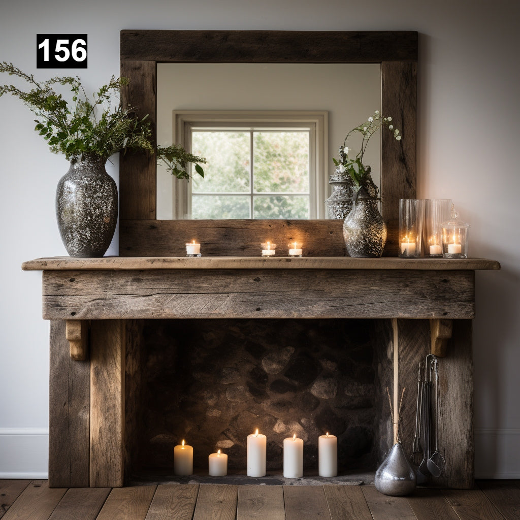 Custom reclaimed wood beam fireplace mantel with corbels