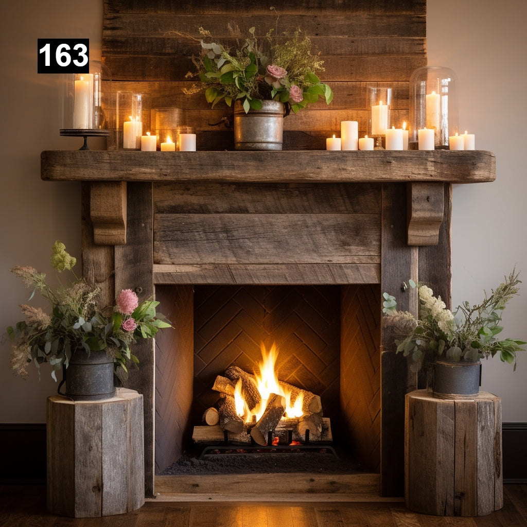 Custom reclaimed wood beam fireplace mantel with corbels