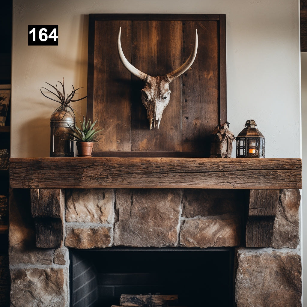 Custom reclaimed wood beam fireplace mantel with corbels