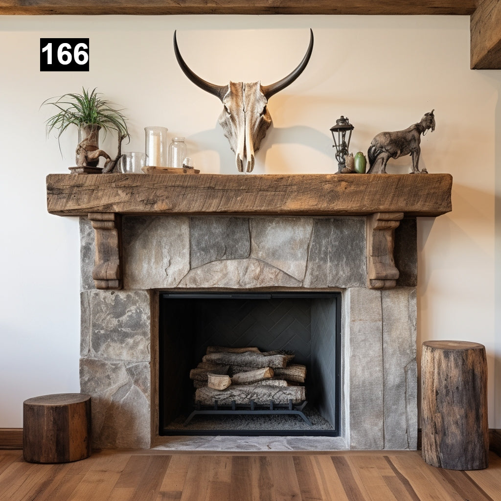 Custom reclaimed wood beam fireplace mantel with corbels