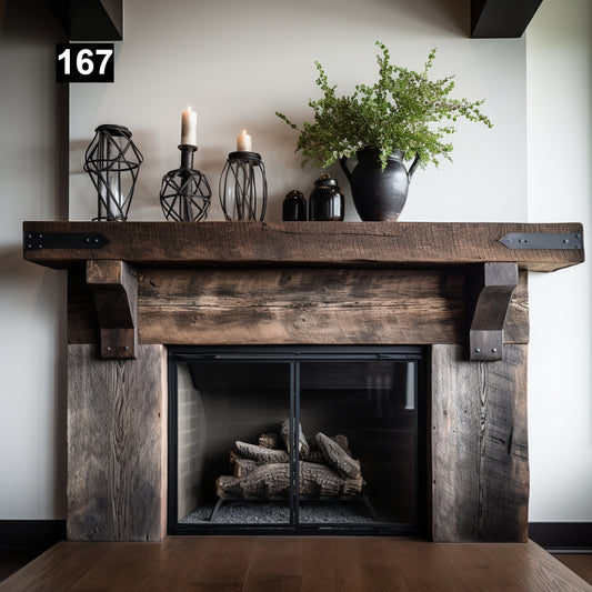 Custom reclaimed wood beam fireplace mantel with corbels