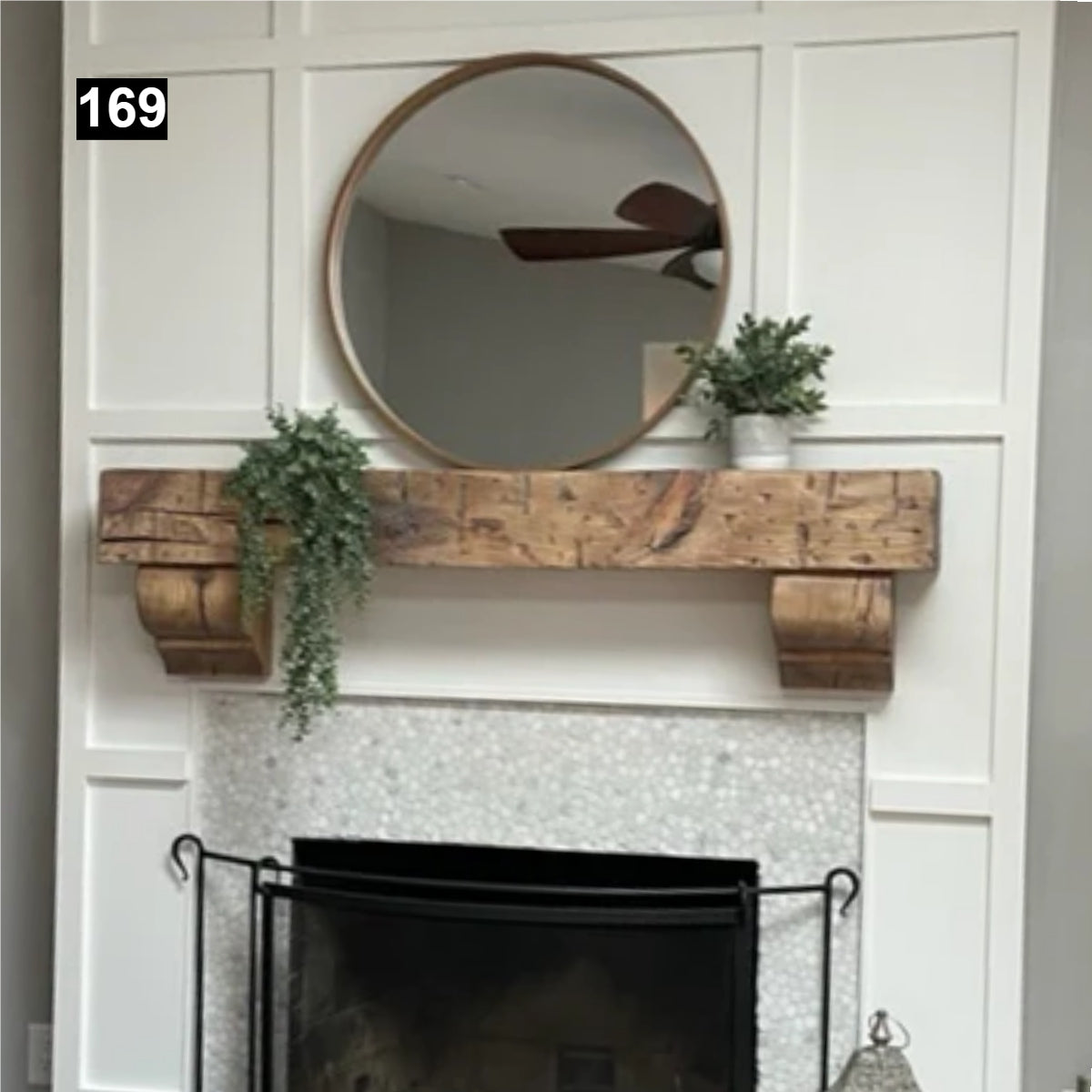 Custom reclaimed wood beam fireplace mantel with corbels