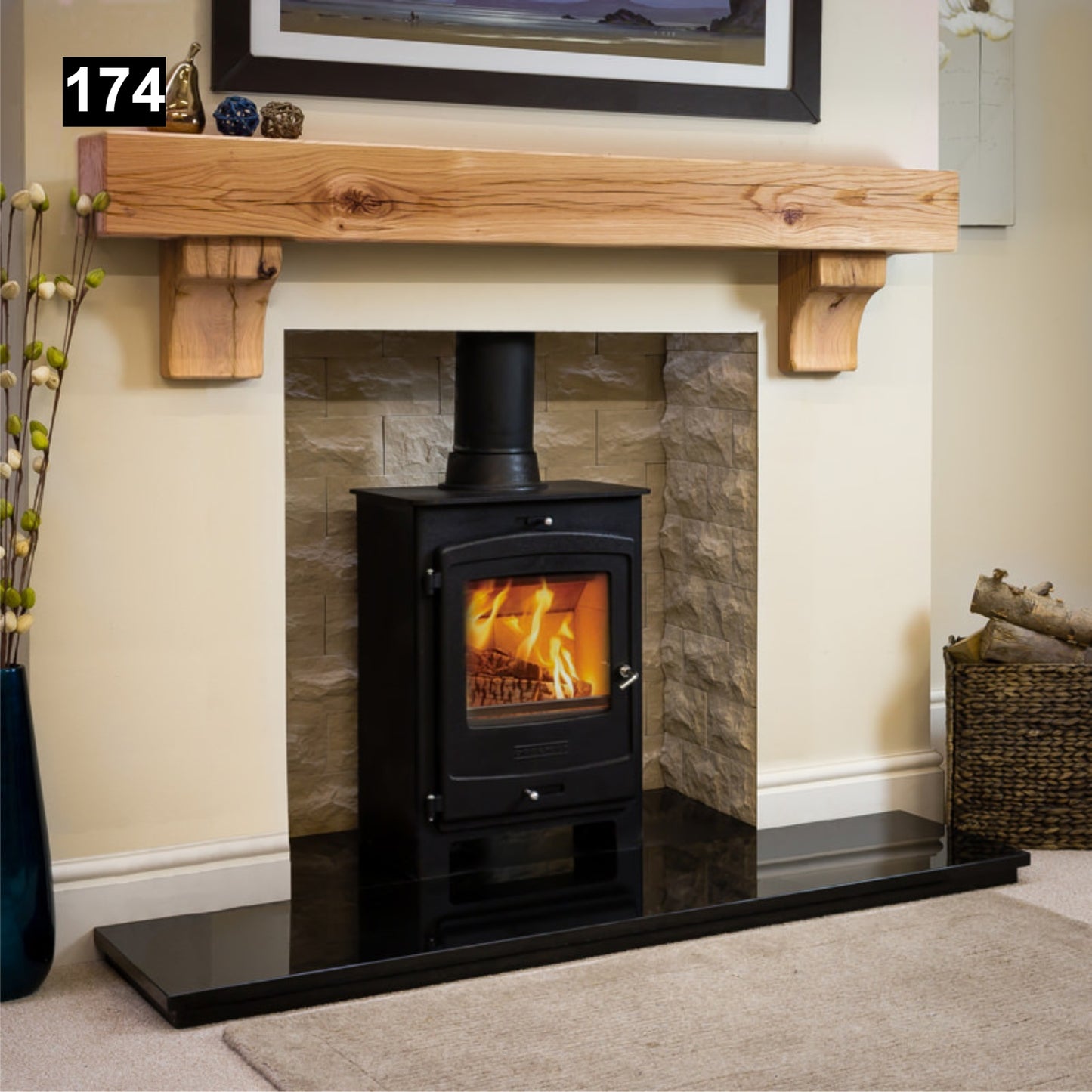 Custom reclaimed wood beam fireplace mantel with corbels