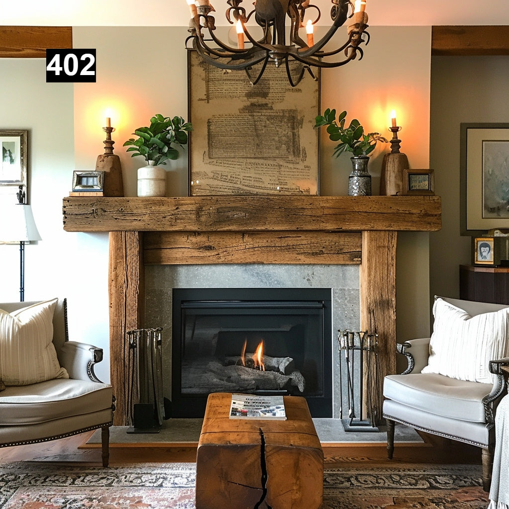 Custom reclaimed wood beam fireplace mantel with legs
