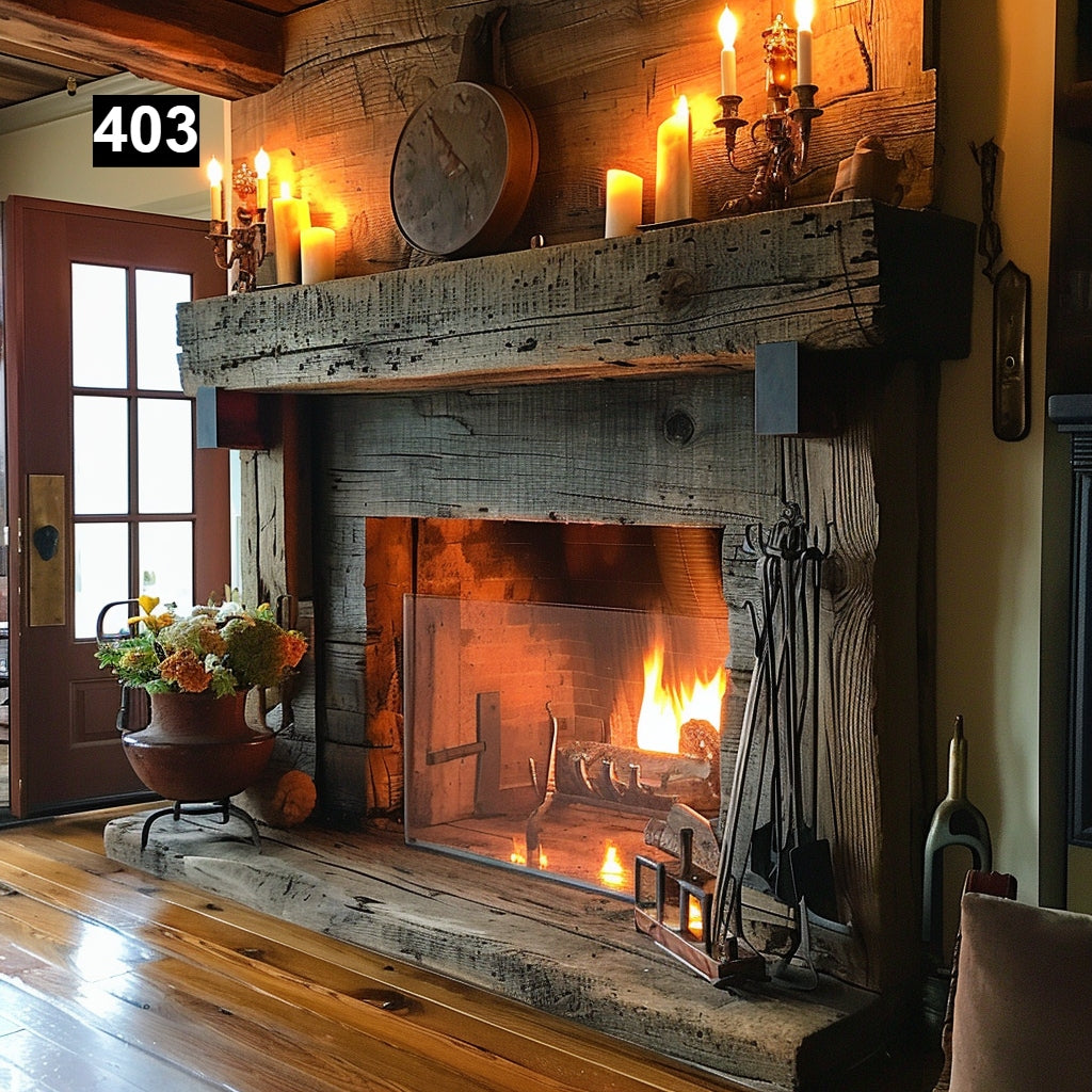 Custom reclaimed wood beam fireplace mantel with legs