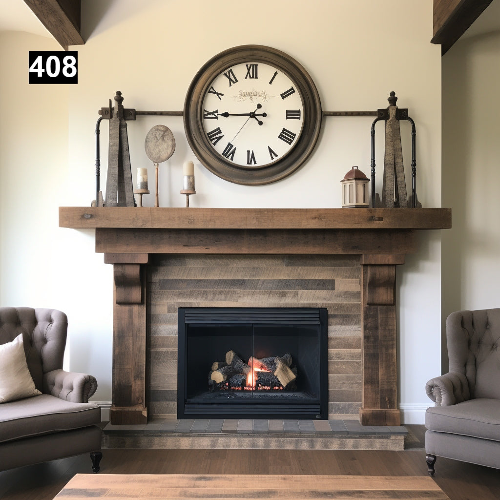 Custom reclaimed wood beam fireplace mantel with legs