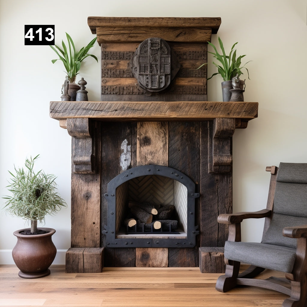 Custom reclaimed wood beam fireplace mantel with legs