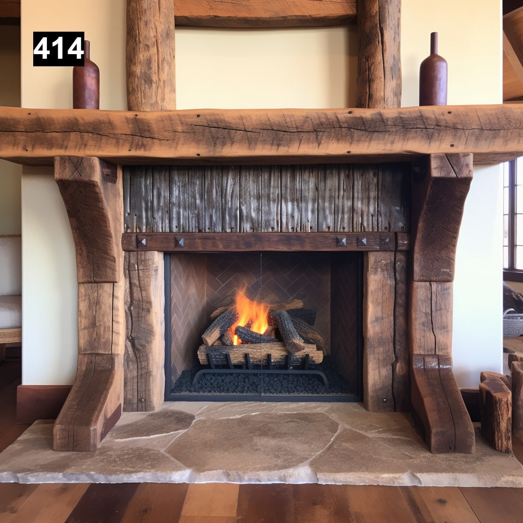 Custom reclaimed wood beam fireplace mantel with legs