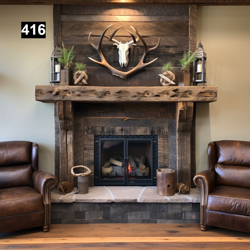 Custom reclaimed wood beam fireplace mantel with legs