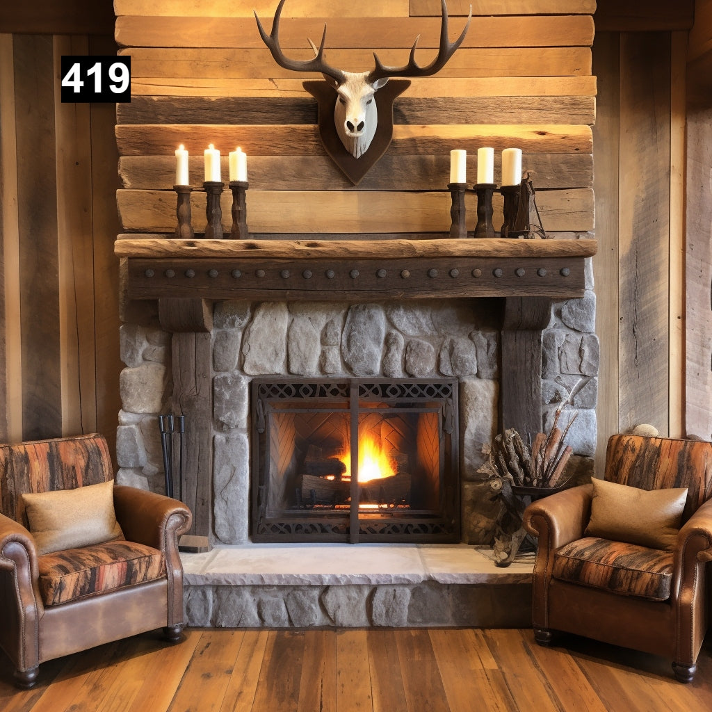 Custom reclaimed wood beam fireplace mantel with legs