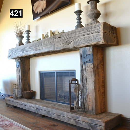Custom reclaimed wood beam fireplace mantel with legs