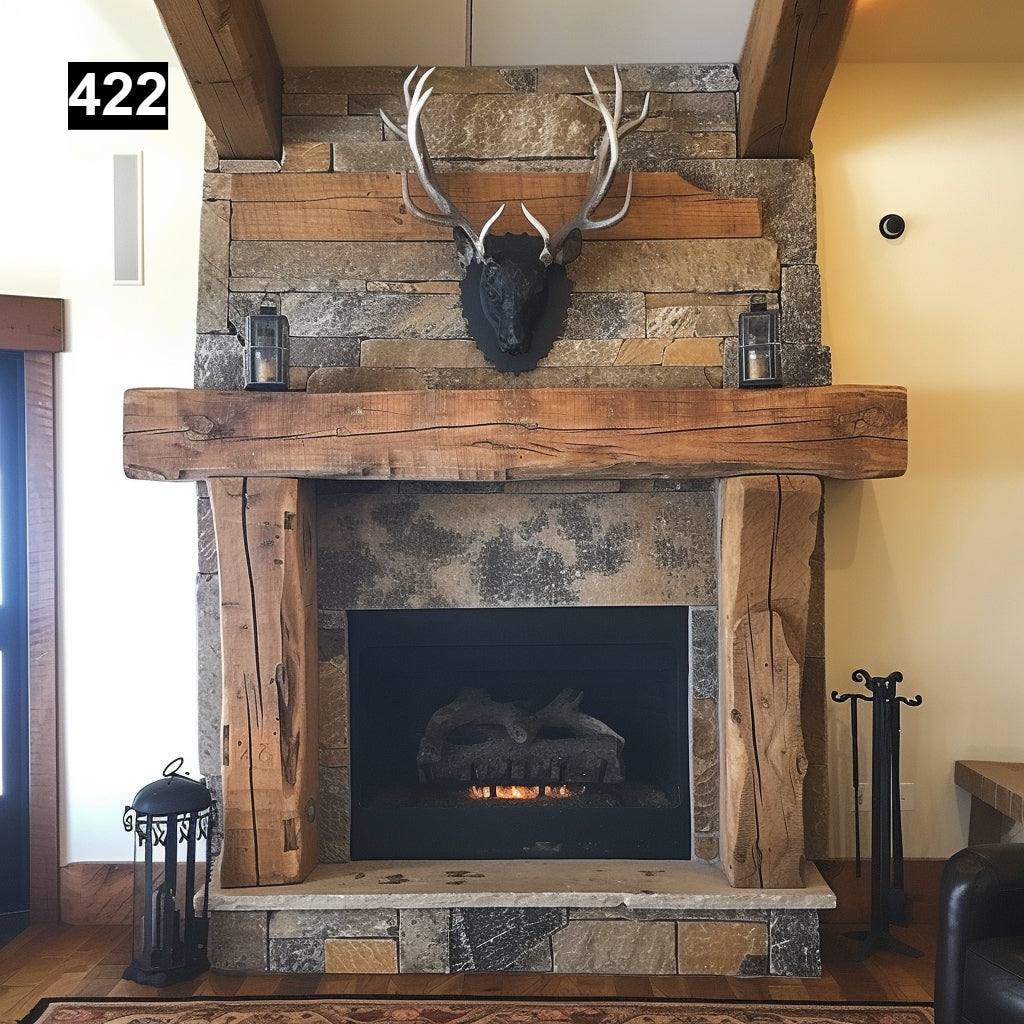 Custom reclaimed wood beam fireplace mantel with legs