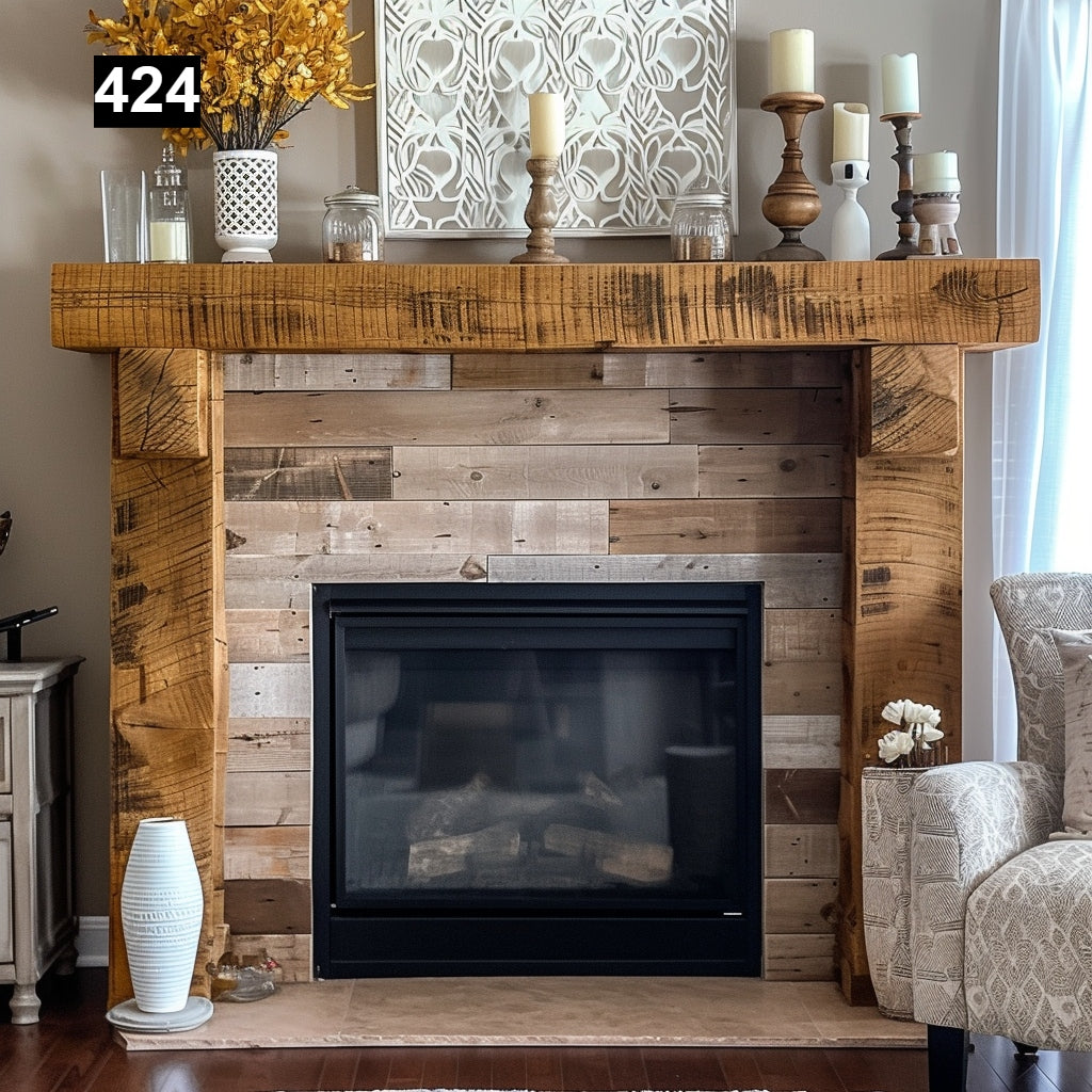 Custom reclaimed wood beam fireplace mantel with legs